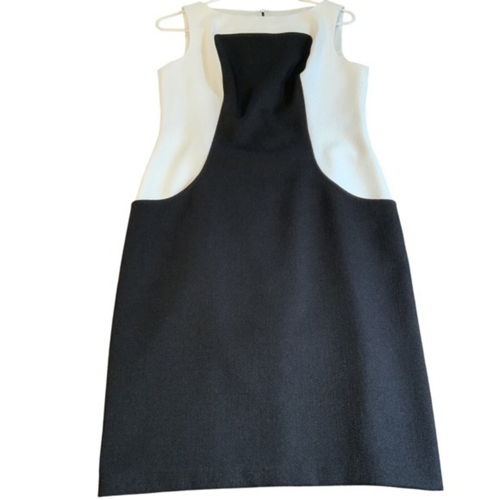 David Meister Shift Dress Black White Knee Length Sleeveless Career Pockets Sz 6